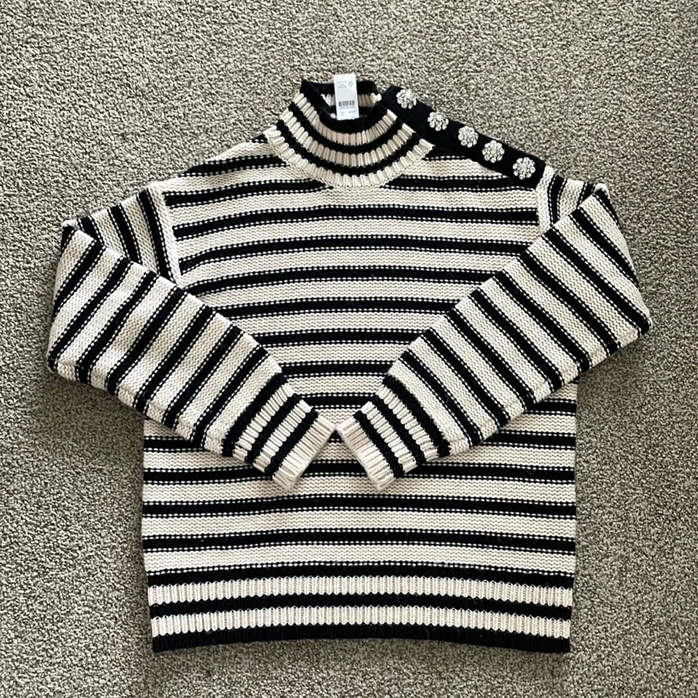J. Crew Cable-knit mockneck pullover in stripe with jewel buttons - Picture 1 of 5